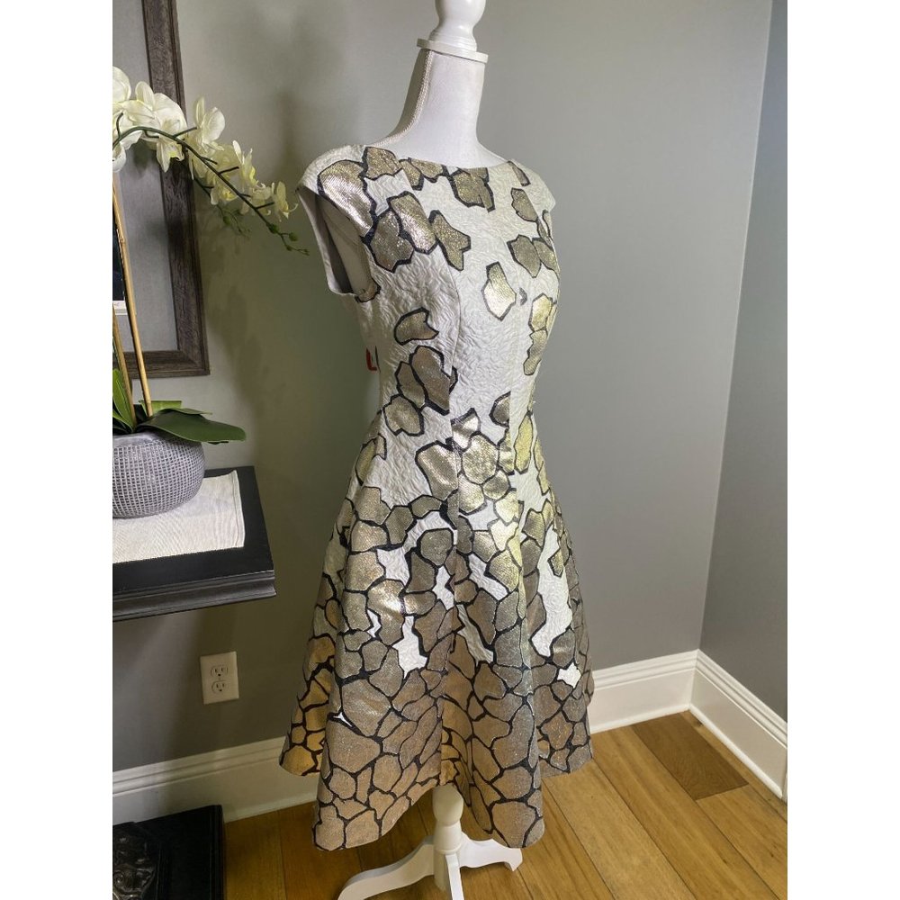 Talbot Runhof Korbut 20 Jacquard Cap Sleeve A-Line Cocktail Dress Size 10 - Picture 10 of 12